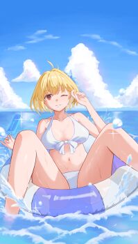 1girl absurdres afloat ahoge arcueid_brunestud ass bikini blonde_hair breasts cleavage cloud cloudy_sky food hair_intakes highres holding holding_food holding_popsicle inflatable_raft large_breasts looking_at_viewer ocean one_eye_closed popsicle red_eyes short_hair sky spread_legs swim_ring swimsuit tenkyuu_sora tsukihime tsukihime_(remake) wavy_hair white_bikini