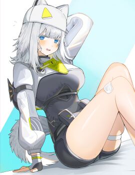 1girl absurdres animal_ears arknights arknights:_endfield arm_behind_head bandaid bandaid_on_face bandaid_on_leg black_bodysuit black_gloves blue_eyes blush bodysuit breasts cat_ears cat_girl cat_tail commentary_request dutch_angle estella_(arknights) feet_out_of_frame fingerless_gloves gloves hat highres large_breasts long_sleeves looking_at_viewer open_mouth puffy_long_sleeves puffy_sleeves shrug_(clothing) sitting solo spam_(spamham4506) tail thigh_strap white_gloves white_hair white_hat white_shrug white_tail