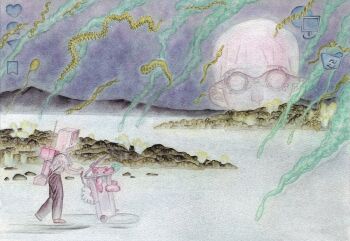 black_pants dna heart highres key monitor mountain original pants phone plug purple_sky rock shanyeyuri shirt shirt_tucked_in short_sleeves sky stuffed_animal stuffed_toy surreal teddy_bear tentacles traditional_media white_shirt