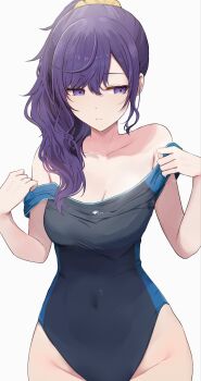 1girl armpit_crease asahina_mafuyu bare_arms bare_shoulders black_one-piece_swimsuit breasts cleavage closed_mouth clothes_pull collarbone commentary competition_swimsuit covered_navel cowboy_shot expressionless facing_viewer groin hair_between_eyes hair_ornament hair_over_shoulder hair_scrunchie hands_up high_ponytail highres kunizaki large_breasts long_hair one-piece_swimsuit one-piece_swimsuit_pull ponytail project_sekai pulling_own_clothes purple_eyes purple_hair scrunchie sidelocks sideways_glance simple_background solo swimsuit undressing white_background yellow_scrunchie