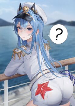 Rule 34 | 1girl, ?, blue eyes, blue hair, breasts, commentary request, epaulettes, goddess of victory: nikke, hat, helm (nikke), highres, large breasts, long hair, looking at viewer, mayreellove, military hat, military uniform, naval uniform, ocean, pantylines, shirt, shorts, solo, spoken question mark, starfish, very long hair, white shirt, white shorts