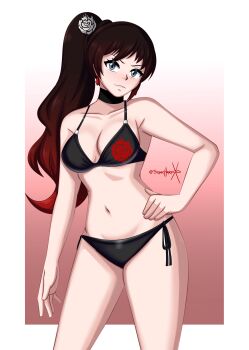 1girl absurdres alternate_eye_color alternate_hair_color bikini black_bikini black_choker black_hair breasts choker collarbone commentary cosplay cowboy_shot earrings english_commentary floral_print flower gradient_background gradient_hair grey_eyes hair_flower hair_ornament hand_on_own_hip high_side_ponytail highres jewelry long_hair looking_at_viewer medium_breasts multicolored_hair navel red_hair rose_print ruby_rose ruby_rose_(cosplay) rwby solo sonicheroxd stomach swimsuit twitter_username two-tone_hair v-shaped_eyebrows very_long_hair weiss_schnee