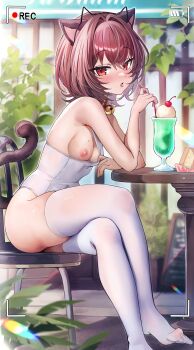 1girl absurdres animal_ear_hairband animal_ears arms_on_table artist_request bare_arms bare_shoulders battery_indicator bell belt_collar blurry blurry_background blush breasts brown_hair cafe cat_ear_hairband cat_ears chair cherry collar commentary_request commission crossed_legs cup drinking_straw fake_animal_ears food from_side fruit hairband highres holding holding_drinking_straw ice_cream_cup jingle_bell korean_commentary leaning_forward looking_at_viewer looking_to_the_side menu_board mole mole_on_breast mole_under_eye neck_bell nipples no_shoes nose_blush one-piece_swimsuit open_mouth original outdoors plant prunechi raised_eyebrows recording red_collar red_eyes saliva saliva_trail second-party_source sitting skindentation small_breasts smile solo swimsuit teasing thighhighs tongue tongue_out white_one-piece_swimsuit white_thighhighs