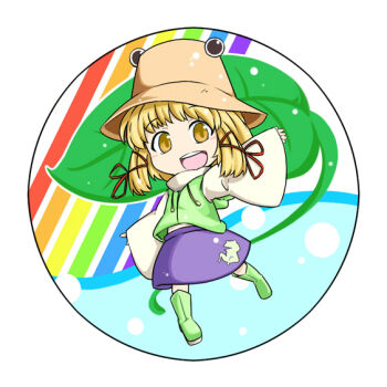 Rule 34 | 1girl, blonde hair, blush, boots, chibi, female focus, hair ribbon, hat, kokutei n, leaf, looking at viewer, moriya suwako, open mouth, outstretched arms, ribbon, round image, rubber boots, short hair, solo, spread arms, touhou