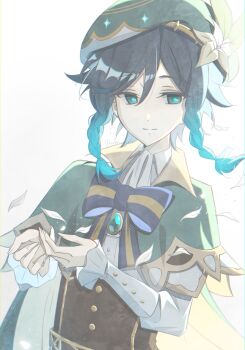 1boy beret blue_hair braid cape flower genshin_impact gradient_hair green_eyes green_hat hair_ornament hat highres long_sleeves multicolored_hair nowa_mi112 shirt short_hair_with_long_locks smile solo twin_braids venti_(genshin_impact) white_background white_flower