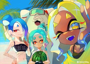 1boy 3girls aqua_hair beach big_man_(splatoon) blonde_hair blue_hair blue_sky breasts closed_mouth colored_eyelashes colored_tips dark-skinned_female dark_skin earrings fangs fish_hook_earrings food freckles fruit frye_(splatoon) frye_(splatoon_raiders) hair_over_one_eye hashtag-only_commentary highres holding holding_food holding_fruit inkling jewelry kainesato looking_at_viewer mechanic_(splatoon_raiders) medium_breasts multicolored_hair multiple_girls navel nintendo octoling one_eye_closed open_mouth outdoors palm_tree ponytail purple_hair red_eyes shawl shiver_(splatoon) shiver_(splatoon_raiders) short_eyebrows single_earring sky smile splatoon_(series) splatoon_raiders teeth thick_eyebrows tree two-tone_hair watermark watermelon yellow_shawl