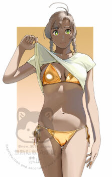 1girl absurdres alternate_costume alternate_hairstyle antenna_hair bikini braid breasts commentary_request gold_bikini green_eyes grey_hair highres kantai_collection kinugasa_(kancolle) kinugasa_kai_ni_(kancolle) looking_at_viewer low_twintails medium_breasts medium_hair ojipon shirt side-tie_bikini_bottom solo swimsuit thigh_gap twin_braids twintails white_shirt