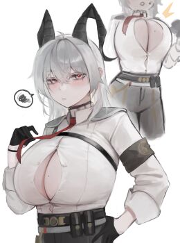 1girl absurdres ahoge armband black_armband black_choker black_gloves black_horns blush breasts button_gap chest_harness choker closed_mouth collared_shirt commentary curled_horns gloves grey_hair hair_between_eyes hand_on_own_hip harness highres horns huge_breasts long_hair looking_at_viewer mole mole_on_breast multicolored_hair multiple_views necktie pijabuldalg popped_button red_eyes red_necktie shirt simple_background spoken_squiggle squiggle streaked_hair white_background white_shirt wuthering_waves zani_(wuthering_waves)