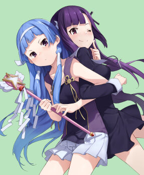 2girls absurdres back-to-back blue_hair chinese_commentary commentary commentary_request cross cross_hair_ornament cross_necklace green_background hair_ornament hair_tubes highres jewelry kannagi lkqyan long_hair looking_at_viewer multiple_girls nagi necklace nun purple_eyes purple_hair siblings sign simple_background sisters wand zange