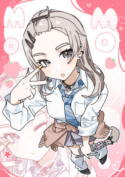 1girl absurdres bangs_pinned_back black_nails blue_nails blue_necktie blush brown_cardigan cardigan cardigan_around_waist clothes_around_waist commentary ear_piercing girls_band_cry grey_eyes grey_hair grey_skirt gyaru habsida_(habsida_hpy) hair_ornament hairclip highres kawaragi_momoka long_hair long_sleeves loose_socks multicolored_nails nail_polish necktie one_eye_closed open_mouth parallel_hairclips piercing shirt skirt socks w white_shirt white_socks yellow_nails