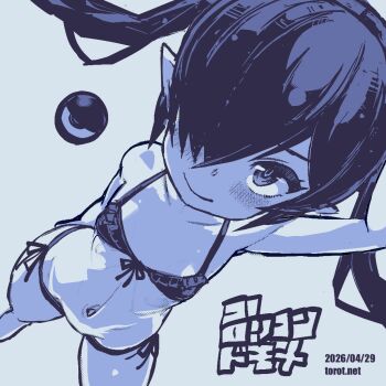 1girl arm_up backbeako_(torotei) backbeard bikini blue_background blue_theme blush breasts closed_mouth collarbone commentary dated dated_commentary dutch_angle front-tie_bikini_top front-tie_top gegege_no_kitarou hair_over_one_eye kono_lolicon_domome long_hair looking_at_viewer monochrome navel original paid_reward_available petite pointy_ears side-tie_bikini_bottom simple_background small_breasts smile solo standing stomach swimsuit torotei translated twintails watermark web_address