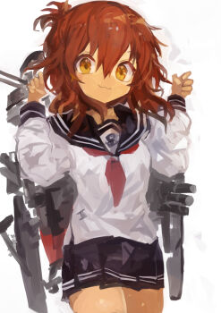 1girl :3 absurdres anchor_symbol black_sailor_collar black_skirt brown_hair commentary folded_ponytail highres inazuma_(kancolle) kaamin_(mariarose753) kantai_collection long_sleeves looking_at_viewer neckerchief orange_eyes pleated_skirt red_neckerchief rigging sailor_collar school_uniform serafuku simple_background skirt solo white_background