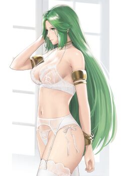 1girl arm_behind_head armlet bare_shoulders bra bracelet breasts choker cleavage closed_mouth commentary english_commentary female_focus garter_belt garter_straps green_eyes green_hair j@ck jewelry kid_icarus kid_icarus_uprising lace lace-trimmed_legwear lace_bra lace_trim large_breasts lingerie long_hair matching_hair/eyes navel nintendo paid_reward_available palutena panties parted_bangs see-through_clothes side-tie_panties sideboob solo standing strap_gap thighhighs thighs underwear very_long_hair white_bra white_panties white_thighhighs window