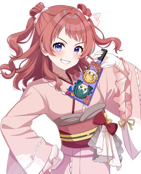 1girl blue_eyes blush bow brown_hair character_request check_character commentary_request cowboy_shot frilled_sleeves frills fujita_kotone gakuen_idolmaster gloves grin hair_bow hanami_saki hand_on_own_hip idolmaster japanese_clothes kimono long_sleeves looking_at_viewer medium_hair obi obiage obijime open_mouth pink_kimono red_bow red_sash ritual_baton sakura_ran sash simple_background smile solo standing tsukimura_temari two_side_up white_background white_bow white_gloves wide_sleeves