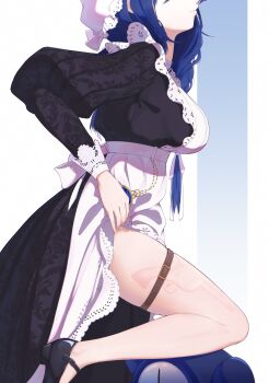 1girl absurdres apron belt black_dress black_shoes blue_hair braid breasts closed_mouth commentary dress english_commentary from_side gun handgun hat highres hololive hololive_english imprinted_skin kronie_(ouro_kronii) large_breasts lifting_own_clothes long_hair long_sleeves low_twin_braids maid maid_apron mob_cap official_alternate_costume official_alternate_hairstyle ouro_kronii ouro_kronii_(maid) revolver shoes simple_background solo srewe5 thigh_belt thigh_strap thighs twin_braids victorian_maid virtual_youtuber weapon white_apron