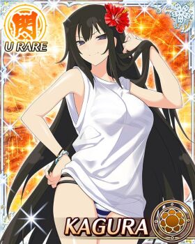 Rule 34 | 1girl, adjusting hair, arm up, bikini, bikini bottom only, black eyes, black hair, blue pupils, border, breasts, card (medium), character name, closed mouth, flower, flower-shaped pupils, game cg, hair flower, hair ornament, hand on own hip, kagura (senran kagura), large breasts, long hair, looking at viewer, official art, red flower, see-through clothes, see-through shirt, senran kagura, senran kagura new wave, shirt, smile, solo, striped bikini, striped clothes, swimsuit, symbol-shaped pupils, third-party source, very long hair, white shirt