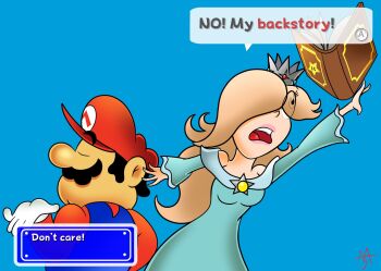 1boy 1girl annoyed blonde_hair blue_dress book brown_hair closed_eyes crown dress earrings facial_hair gloves hair_over_one_eye hat highres jewelry long_hair mario mario_(series) mustache nintendo overalls red_hat rosalina speech_bubble super_mario_galaxy surprised talking