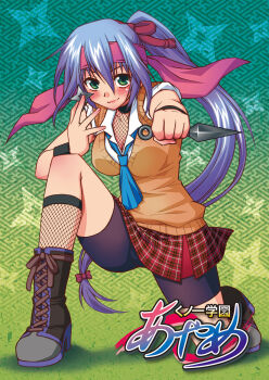 Rule 34 | 1girl, ascot, between fingers, bike shorts, bike shorts under skirt, black boots, blue ascot, blue hair, blush, boots, breasts, closed mouth, commentary request, fishnet socks, fishnets, full body, green background, green eyes, hair between eyes, hair ribbon, headband, holding, holding weapon, kneehighs, kunai, lace-up boots, long hair, looking at viewer, medium breasts, miniskirt, ninja, on one knee, original, plaid clothes, plaid skirt, purple headband, red ribbon, red skirt, ribbon, school uniform, short sleeves, shuriken, skirt, smile, socks, solo, sweater vest, top of moe 2013, translation request, uji genmai, very long hair, weapon, yellow sweater vest