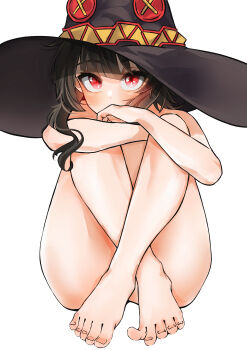 1girl absurdres artistic_error bad_feet barefoot black_hair blush commentary_request convenient_leg crossed_ankles feet hat highres knees_up kono_subarashii_sekai_ni_shukufuku_wo! large_hat long_hair looking_at_viewer megumin nude red_eyes senrihinzk simple_background sitting solo toes white_background witch_hat wrong_foot