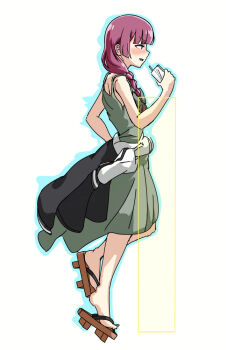 Rule 34 | bare shoulders, blue dress, bocchi the rock!, braid, clothes around waist, darkstalkers, demitri maximoff, dress, drink, full body, geta, hiroi kikuri, hitbox, holding, holding drink, jacket, jacket around waist, long hair, purple hair, simple background, tied jacket, torako (toramaru), white background