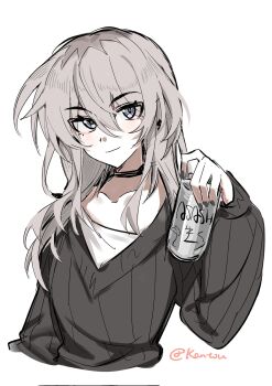 Rule 34 | 1girl, asahi breweries, beer can, black choker, black sweater, can, choker, closed mouth, commentary, drink can, girls band cry, grey eyes, grey hair, grey nails, hair between eyes, hashtag-only commentary, highres, holding, holding can, kawaragi momoka, long hair, multicolored hair, nail polish, pealerprpr, roots (hair), simple background, solo, sweater, white background