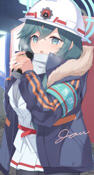 1girl absurdres blue_archive blue_eyes blue_halo blue_jacket blush breasts can commentary_request curious drink_can green_hair hair_between_eyes halo hands_up helmet highres holding holding_can jacket jam_(jamjam777) medium_breasts miniskirt minori_(blue_archive) night night_sky open_clothes open_jacket outdoors pantyhose pleated_skirt shirt skirt sky solo standing staring white_shirt white_skirt