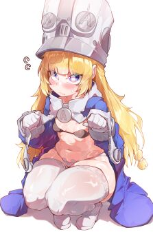 1girl absurdres blonde_hair blue_jacket blush breasts bright_pupils flying_sweatdrops gloves hands_up hat highres jacket kyojiri_loli large_hat lifting_own_clothes loli long_hair looking_at_viewer navel norma_hollowell open_clothes open_jacket orcavice purple_eyes shoes small_breasts solo squatting sweatdrop thick_thighs thighhighs thighs white_background white_gloves white_pupils white_shoes white_thighhighs zenless_zone_zero