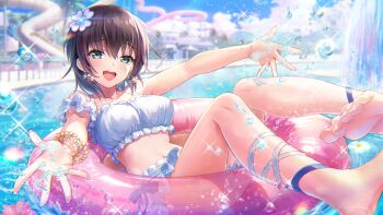 Rule 34 | 1girl, :d, aoi erika, aoi erika (lightful mermaid vacation), aqua eyes, bare shoulders, barefoot, bikini, black hair, blue sky, blurry, blurry background, bracelet, breasts, collarbone, day, earrings, eyes visible through hair, feet, flower, flower on liquid, frilled bikini, frills, full body, hair between eyes, hair flower, hair ornament, happy, heaven burns red, highres, jewelry, knees together feet apart, large breasts, leg ribbon, looking at viewer, medium hair, multiple bracelets, navel, official alternate costume, official art, open mouth, outdoors, outstretched arms, outstretched hand, pink flower, pool, ribbon, sitting, sky, smile, soles, solo, sparkle, splashing, stomach, swim ring, swimsuit, teeth, thighs, toenails, toes, upper teeth only, water drop, waterpark, white bikini, white flower, white ribbon