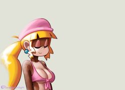 1girl animated banana bikini_top blonde_hair breasts cleavage closed_eyes covered_erect_nipples dixie_kong donkey_kong_(series) donkey_kong_country earrings food front-tie_top fruit furry green_eyes hat jewelry large_breasts long_hair meme midriff minuspal neuron_activation_(meme) nintendo phallic_symbol ponytail rareware sexually_suggestive sound surprised tagme underboob video