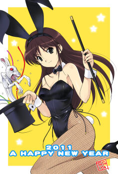 1girl 2011 animal animal_ear_hairband animal_ears artist_name bare_shoulders black_bow black_bowtie black_eyes black_hairband black_hat black_leotard black_shoes border bow bowtie breasts brown_hair chinese_zodiac claws cleavage closed_mouth commentary confetti detached_collar dutch_angle fake_animal_ears fake_tail fishnet_pantyhose fishnets foot_out_of_frame from_hat_trick hairband hands_up happy_new_year hat high_heels highleg highleg_leotard holding holding_unworn_clothes holding_unworn_hat holding_wand judy_totoya leg_up leotard looking_at_viewer magic_trick magician's_wand medium_breasts new_year open_mouth original outside_border pantyhose playboy_bunny rabbit rabbit_ears rabbit_tail red_eyes sharp_teeth shoes side-tie_leotard smile solo standing standing_on_one_leg star_(symbol) strapless strapless_leotard streamers tail teeth top_hat unworn_hat unworn_headwear wand white_border white_rabbit_(animal) wrist_cuffs year_of_the_rabbit yellow_background