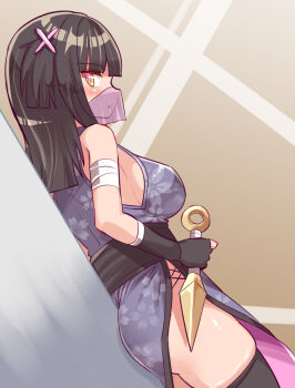 1girl ass bare_shoulders between_buttocks black_hair blush breasts cougar_(cougar1404) fingerless_gloves from_behind gloves hair_ornament kunai large_breasts long_hair looking_back mask ninja sideboob solo thighhighs weapon yellow_eyes
