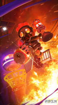 1boy absurdres black_boots black_jacket boots embers fire flame_print full_body gas_mask glint glowing glowing_eyes highres holding holding_weapon inkling inkling_boy inkling_player_character jacket jumping long_sleeves male_focus mask nintendo osen_kuiki pointy_ears railing range_blaster_(splatoon) red_hair short_hair solo splatoon_(series) splatoon_3 suction_bomb_(splatoon) tentacle_hair tentacles watermark wave_breaker_(splatoon) weapon wide-eyed yellow_eyes