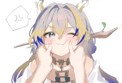 Rule 34 | 1girl, 1other, anger vein, annoyed, arknights, blonde hair, blue hair, blush, commentary request, dragon girl, dragon horns, grey eyes, grey hair, hair intakes, hands on another&#039;s cheeks, hands on another&#039;s face, highres, horns, long hair, looking at viewer, multicolored hair, one eye closed, pov, shu (arknights), simple background, solo focus, speech bubble, spoken anger vein, upper body, white background, zapik