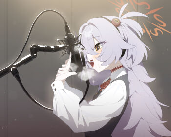 1girl absurdres black_dress blue_archive blush dress from_side grey_hair halo heart heart_in_eye highres honi_(honi1010) kanoe_(blue_archive) long_hair long_sleeves microphone open_mouth orange_eyes orange_halo pinafore_dress saliva saliva_trail shirt sleeveless sleeveless_dress smile solo studio_microphone symbol_in_eye upper_body white_shirt