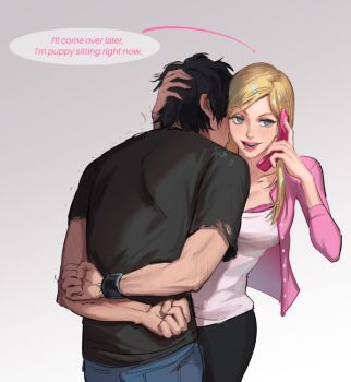 1boy 1girl arm_behind_back black_hair black_pants black_shirt blonde_hair blue_eyes blue_pants blush bracelet cellphone cropped_jacket curo_(curo_02) diary_of_a_wimpy_kid english_text flip_phone hand_on_another&#039;s_head heavy_breathing jacket jewelry mean_girls mole mole_under_mouth open_mouth pants phone pink_jacket regina_george rodrick_heffley shirt smile speech_bubble talking_on_phone torn_clothes torn_shirt white_shirt