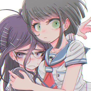 2girls blue_sailor_collar breast_pocket breasts closed_mouth collared_shirt commentary_request crooked_eyewear danganronpa_(series) danganronpa_another_episode:_ultra_despair_girls eyelashes frown fukawa_toko glasses green_eyes green_hair hair_between_eyes hair_ornament hairclip hand_on_another&#039;s_arm highres long_hair mole mole_under_mouth multiple_girls naegi_komaru necktie nerine_fujikawa pocket purple_eyes purple_hair red_necktie round_eyewear sailor_collar school_uniform serafuku shirt short_hair short_sleeves simple_background sweatdrop white_background white_shirt