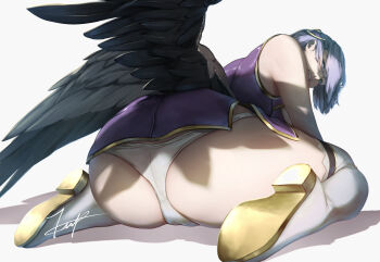 1girl absurdres ass black_wings clenched_teeth feathered_wings felmina highres looking_at_viewer miniskirt panties purple_hair purple_shirt purple_skirt shinrabanshou shirt simple_background sitting skirt solo teeth teppu_tora thighhighs underwear wariza white_panties white_thighhighs wings