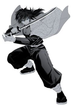 1boy blue_eyes buttons closed_mouth commentary_request demon_slayer_uniform greyscale haori high_collar highres holding holding_sword holding_weapon jacket japanese_clothes katana kikkoumon kimetsu_no_yaiba long_hair low_ponytail male_focus monochrome niconyan4hk pants partially_colored ponytail print_haori sandals simple_background socks solo spiked_hair sword tomioka_giyuu weapon white_background