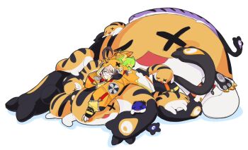 Rule 34 | 1girl, ahoge, baggy clothes, belt, black shorts, blonde hair, brown hair, closed eyes, commentary, creature, cuddling, english commentary, gigi murin, gigi murin (1st costume), grem (gigi murin), hololive, hololive english, hood, hood up, hoodie, kresa, multicolored hair, orange belt, orange hoodie, paw shoes, pile, popo (gigi murin), shoes, shorts, simple background, sleeping, sleeping on person, sleeves past wrists, socks, streaked hair, striped clothes, striped socks, tail, virtual youtuber, white background, white shoes