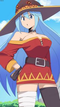 1girl aqua_(konosuba) artist_name bambi2000line bandaged_leg bandages bare_shoulders belt black_collar black_gloves black_hat black_thighhighs blue_eyes blue_hair blue_sky breasts button_eyes buttons cloud collar collarbone commentary cosplay cowboy_shot day dress fingerless_gloves gloves hair_between_eyes hand_on_own_hip hat highres kono_subarashii_sekai_ni_shukufuku_wo! large_breasts long_hair long_sleeves megumin megumin_(cosplay) off-shoulder_dress off_shoulder outdoors red_dress single_thighhigh sky solo thighhighs very_long_hair witch_hat zettai_ryouiki