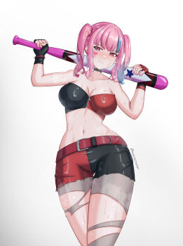 1girl absurdres azurecruiser bare_shoulders baseball_bat blush bracelet breasts choker cleavage collarbone cosplay dc_comics fingerless_gloves gloves harley_quinn harley_quinn_(cosplay) head_tilt heart heart_tattoo highres holding holding_baseball_bat hololive hololive_english jewelry large_breasts looking_at_viewer mori_calliope multicolored_hair multicolored_shorts navel pink_eyes pink_hair shorts signature simple_background smile solo spiked_bracelet spikes steam steaming_body stomach strapless streaked_hair suicide_squad sweat sweat_stain sweaty_clothes tattoo thighs torn_clothes tube_top twintails two-tone_shorts virtual_youtuber walking