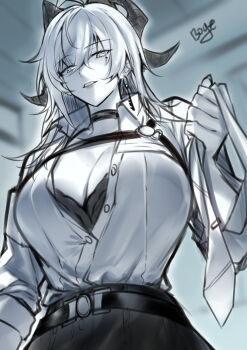 1girl abiboge absurdres blurry blurry_background bra bra_peek breasts chest_harness choker cleavage collared_shirt commentary curled_horns earrings english_commentary greyscale hair_between_eyes harness highres holding_necktie horns huge_breasts indoors jewelry key_earrings looking_at_viewer mole mole_under_eye monochrome parted_lips partially_unbuttoned shirt shirt_tucked_in smile solo underwear wuthering_waves zani_(wuthering_waves)