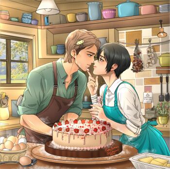 1boy 1girl absurdres affair alternate_costume bad_tag beard_stubble betrayal birthday_cake blush brown_hair cake character_name cheating_(relationship) closed_mouth commentary commentary_request diramikasa disgrace disgust english_commentary english_text facial_hair food happy_birthday highres incest indoors infidelity jean_kirstein kitchen looking_at_another mikasa_ackerman mixed-language_commentary netorare netorase out_of_character shingeki_no_kyojin short_hair smile stubble unfaithful