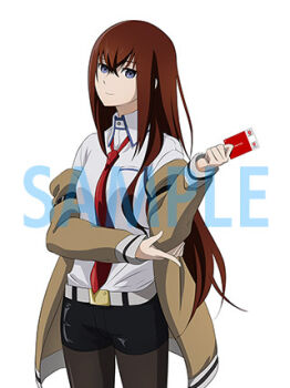 Rule 34 | 1girl, anime coloring, arm belt, artist request, belt, black pantyhose, black shorts, breast pocket, breasts, brown hair, collared shirt, frown, hair between eyes, hair over shoulder, hand on own elbow, holding, jacket, jacket partially removed, leather belt, looking at viewer, lowres, makise kurisu, necktie, official art, pantyhose, pantyhose under shorts, pocket, promotional art, purple eyes, purple trim, red necktie, sample watermark, science adventure, shirt, shorts, small breasts, smile, solo, steins;gate, watermark, white belt, white shirt