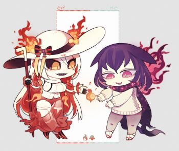2girls :3 akadako black_sclera bow braid bright_pupils cane chibi chibi_only colored_sclera colored_skin eyeliner fang fire_bird_(skeledirge) grey_pantyhose hair_between_eyes hair_flaps hat hat_bow hisuian_typhlosion holding holding_cane long_hair makeup multiple_girls musical_note nintendo no_nose pantyhose personification pink_eyes pokemon purple_hair red_eyeliner red_skirt sandals sharp_teeth skeledirge skirt sweater teeth white_hat white_pupils white_skin white_sweater
