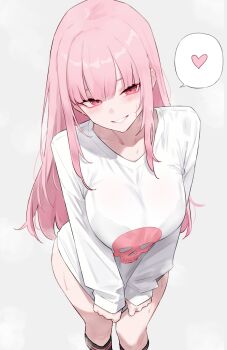 1girl absurdres black_bra black_socks bluefield blush bra bra_visible_through_clothes breasts collarbone grey_background grin heart highres hololive hololive_english large_breasts long_hair long_sleeves looking_at_viewer mori_calliope pink_eyes pink_hair pink_lips shirt shirt_tug simple_background skull_print sleeves_past_wrists smile socks solo speech_bubble spoken_heart sweat thighs underwear virtual_youtuber white_shirt