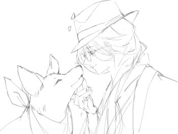 1boy animal closed_eyes closed_mouth clothed_animal commentary_request dog falling_petals fate/grand_order fate_(series) fedora from_side glasses greyscale hair_over_shoulder hair_ribbon hanasaka_no_okina_(fate) hand_on_another's_chin haori hat highres japanese_clothes kamigokuin kimono long_hair low_ponytail male_focus mole mole_under_eye monochrome multiple_moles petals ponytail profile ribbon round_eyewear scarf simple_background smile solo stroking_another's_chin upper_body white_background