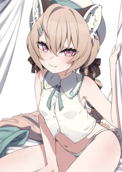 1girl arm_support armpit_crease bare_shoulders bow bow_panties braid breasts brown_hair brown_ribbon green_ribbon grin hair_between_eyes hair_ribbon highres jacket komachi_panko komachi_panko_(1st_costume) loli looking_at_viewer low_twin_braids narrowed_eyes navel neck_ribbon no_pants panties parted_lips phase_connect pink_eyes red_panda_ears red_panda_girl red_panda_tail ribbon sitting skirt sleeveless small_breasts smile solo stomach thick_eyebrows thighs twin_braids underwear unworn_jacket unworn_skirt valefal_coneri vest virtual_youtuber white_panties white_vest