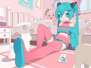 Rule 34 | 1girl, alternate costume, aqua eyes, aqua hair, aqua panties, aqua shirt, bed, cat, character name, closed mouth, commentary, full body, hair ornament, hatsune miku, highres, indoors, light smile, long hair, looking at viewer, midriff, miniskirt, monster l (hochihochiha), painting (object), panties, pantyshot, pink skirt, pink tank top, pink thighhighs, shirt, sidelocks, sitting, skirt, solo, striped clothes, striped panties, symbol-only commentary, tank top, thighhighs, twintails, underwear, vocaloid, white panties, x hair ornament