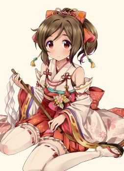1girl blush brown_hair commentary detached_sleeves domyoji_karin gohei hair_ornament highres idolmaster idolmaster_cinderella_girls japanese_clothes michii_yuuki nontraditional_miko red_eyes ribbon-trimmed_thighhighs ribbon_trim short_hair sitting smile tassel thighhighs wariza white_thighhighs wide_sleeves